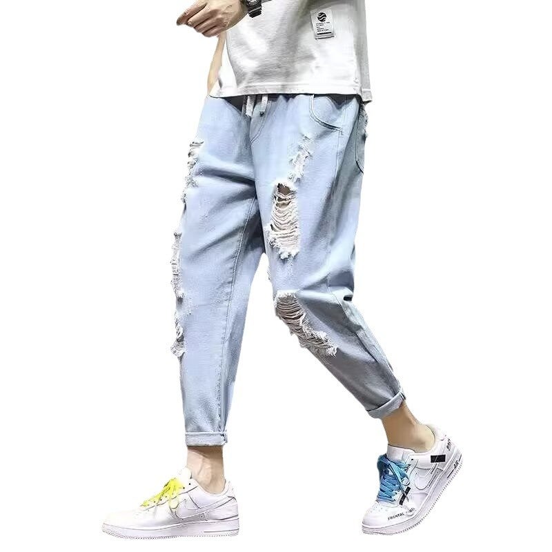 2024 Hong Kong Style Ankle Jeans Men'S Korean Style Loose Ripped Summer Elastant Waist Beggar Pants - Image 5